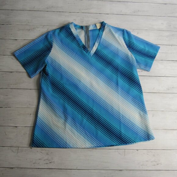 Vintage Women's Retro Short Sleeve Top Size M Blue White MCM V Neck Zipper - Picture 1 of 5